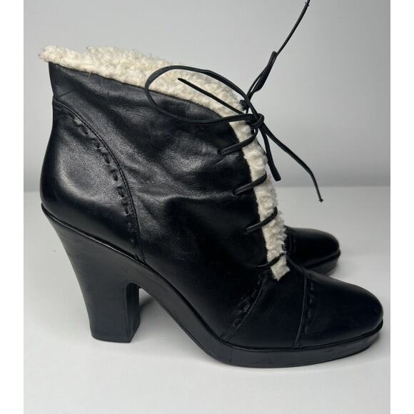 Aerosoles Envision Ankle Bootie Women's 11M Black Leather Faux Fur Trim Lace Up - Picture 1 of 10